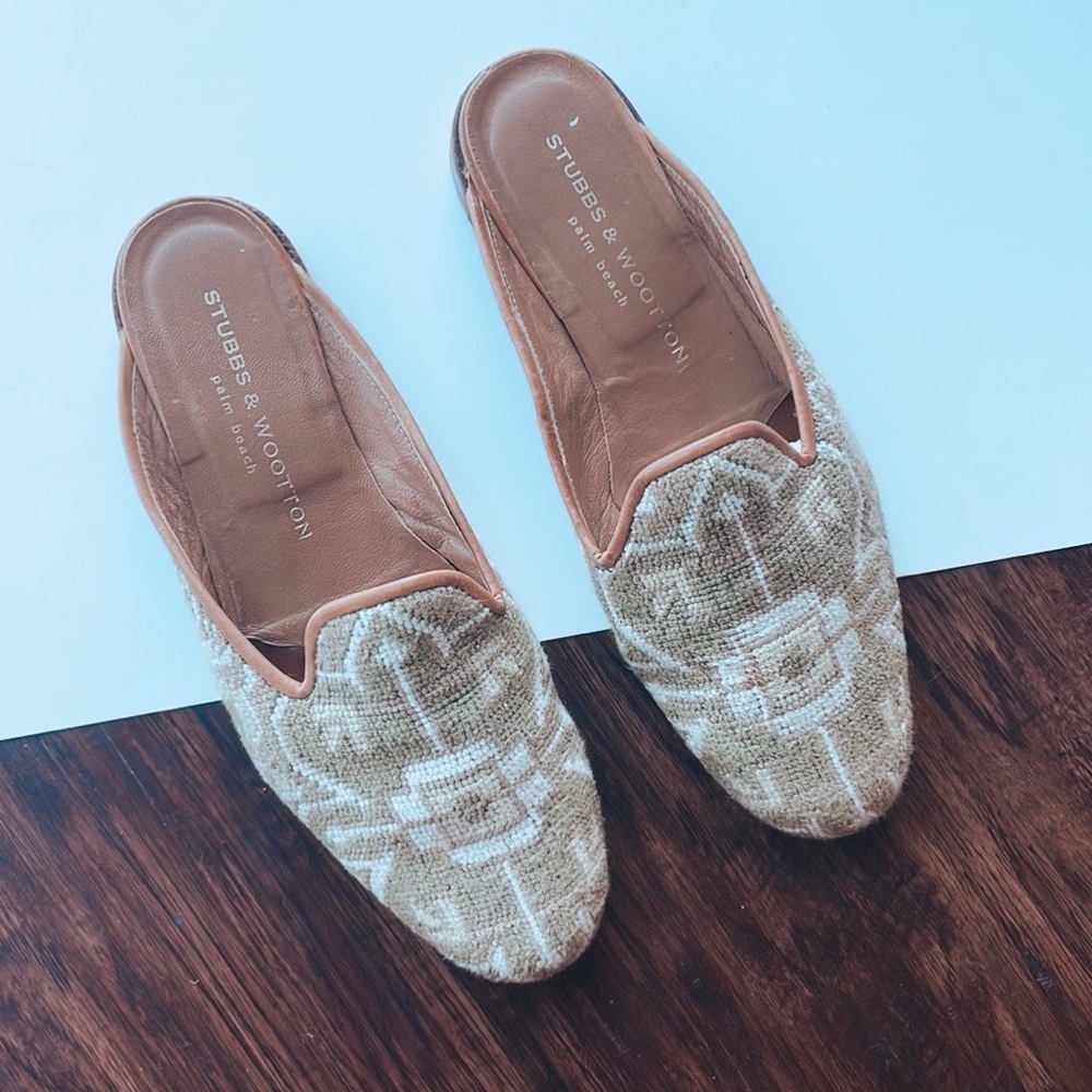 Stubbs & Wootton Mules, neutral tones, beautiful tapestry, perfect for fall